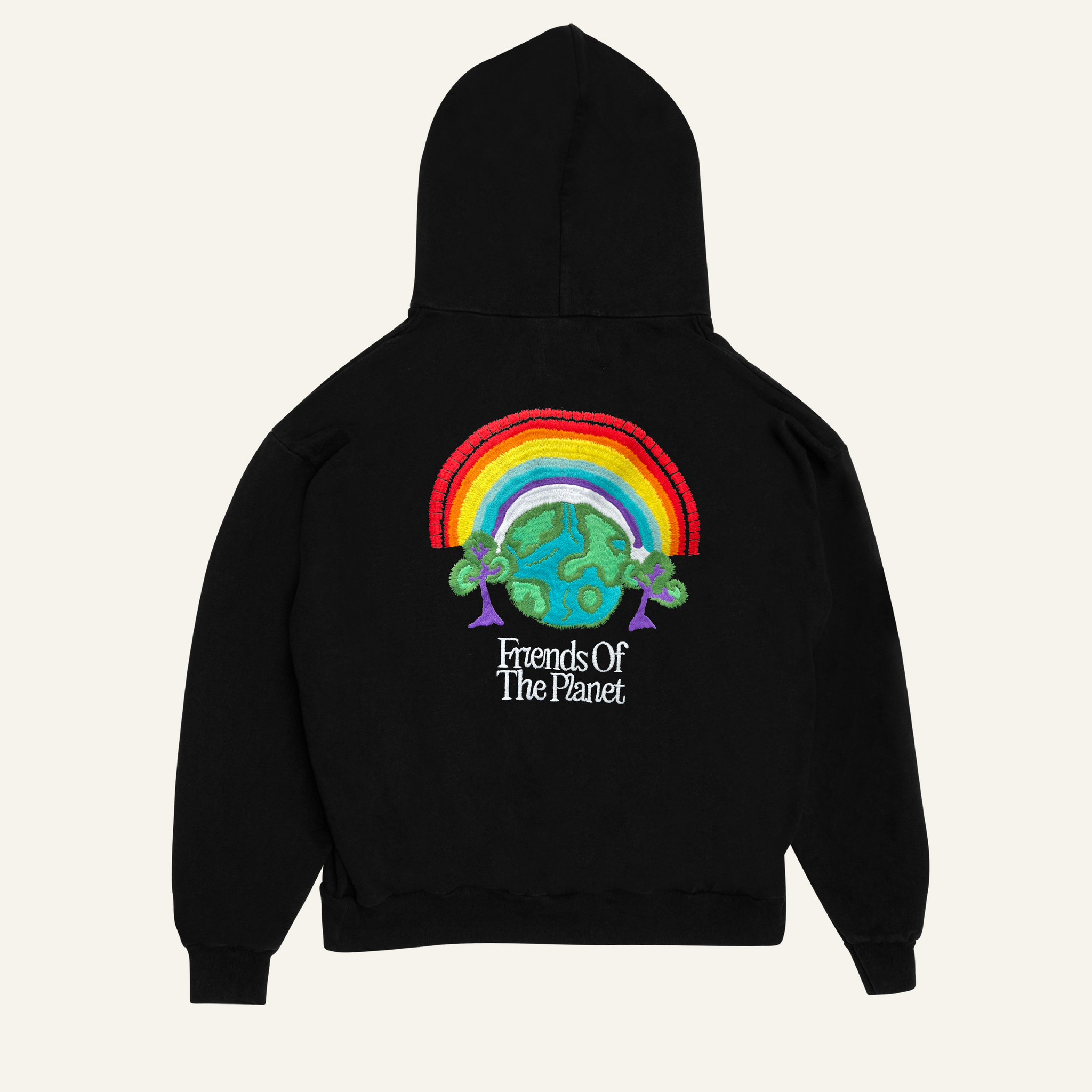🌈 Rainbow 🌍 Earth 🌳 Tree Hoodie ~ Embroidered Waste Cotton ~ Black